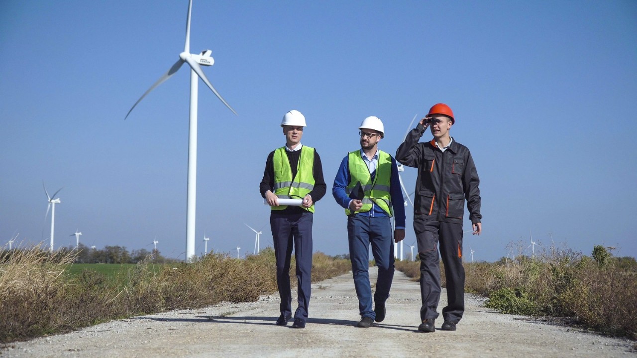 Offshore wind turbines.